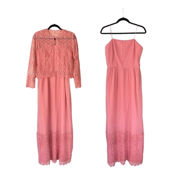 Vintage Miss Elliette California Pink Maxi Dress Matching Lace Jacket Shrug Set - Picture 2 of 13